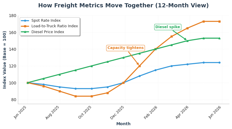 How Freight Metrics Move Together, 12-Month View